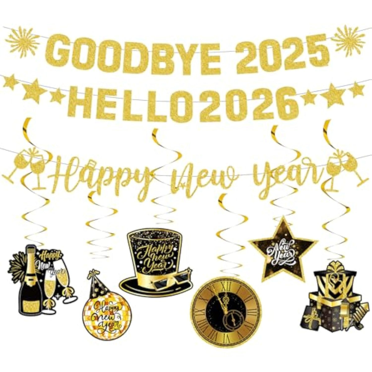 Gold Glitter Goodbye 2025 Hello 2026 Banner for New Year’s Eve Party Decor