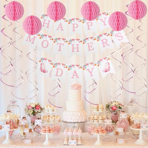 Happy Mother's Day Decorations, Happy Mothers Day Banner with Hanging Swirls, Honeycomb Balls Decorations for Party Supplies Decor Home Office, Pink