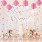 Happy Mother's Day Decorations, Happy Mothers Day Banner with Hanging Swirls, Honeycomb Balls Decorations for Party Supplies Decor Home Office, Pink