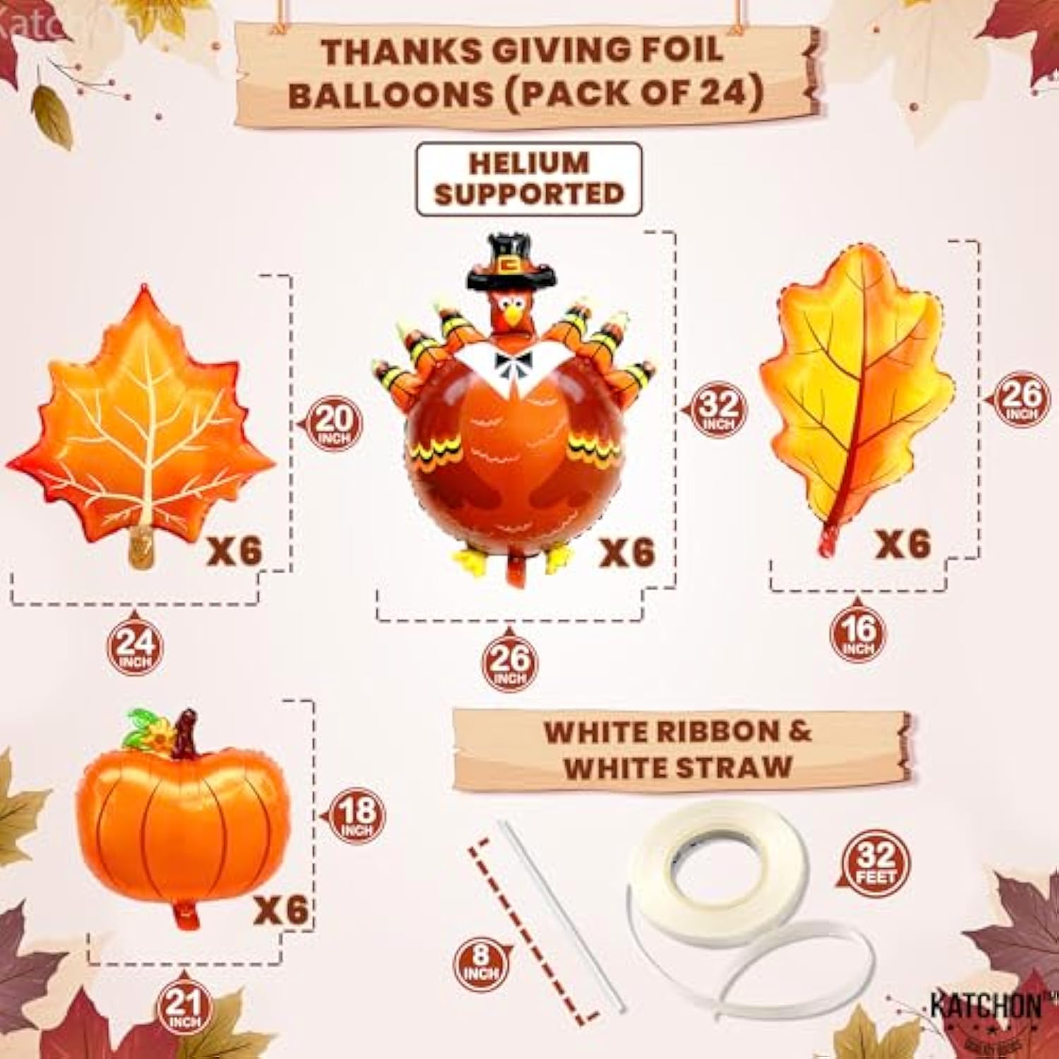 Thanksgiving Balloons Set 24Pcs Pumpkin Turkey Maple Leaf Foil Balloons for Fall Decor Indoor