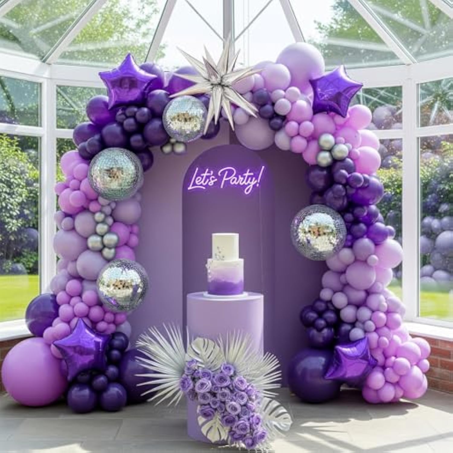 Dark Purple And Silver Balloon Garland Kit 138Pcs – Light Lilac Lavender Starburst And Disco Balloons For 2025 Graduation Party Decorations Girl’S Sweet 15/16 Anniversary Celebration