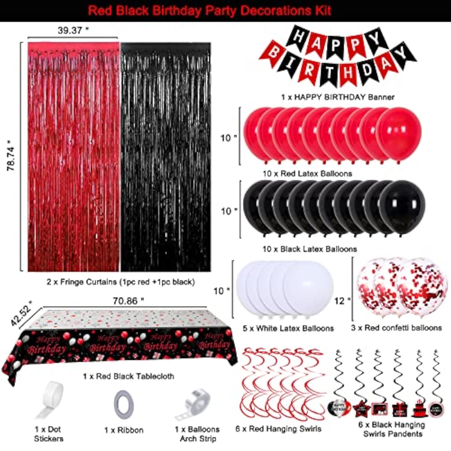 Red And Black Party Decorations For Men Women, Happy Birthday Decorations For Boys Girls, Red Bday Party Supplies Birthday Tablecloth Balloons Foil Fringe Curtains Hanging Swirls Decor