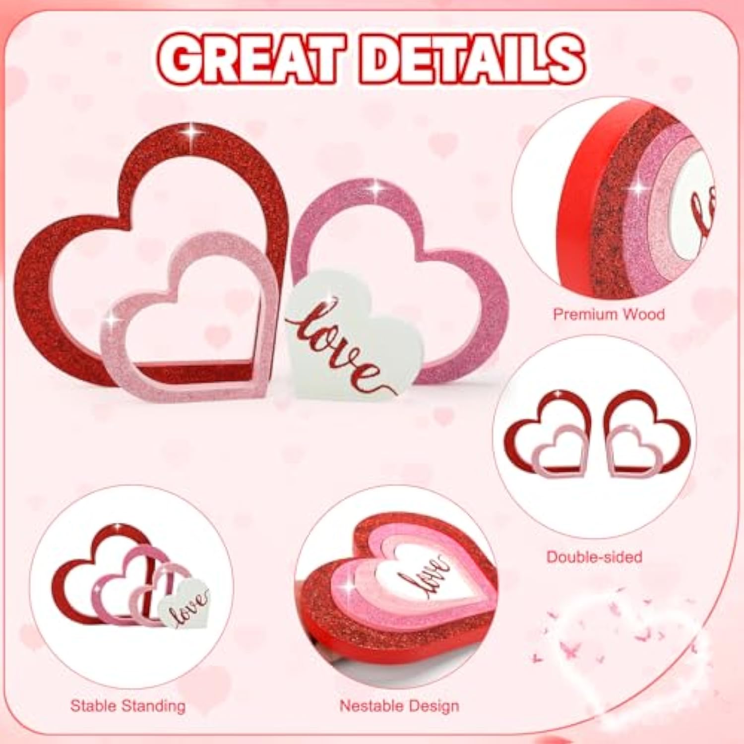 Wooden Hearts Valentine'S Day Decorations Indoor, Wood Heart Blocks Tiered Tray Decor Set Of 4, Red Pink White Valentine Decoration For Table Desk Home Party Office Shelf Door (Glitter)