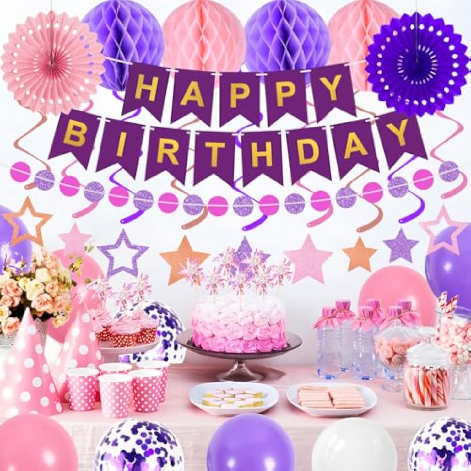 Purple Birthday Decorations Happy Birthday Banner Pink And Purple Balloons Stars Circle Garland Hanging Swirl Streamers Hanging Honeycomb Balls 69Pcs Party Decorations For Women Men