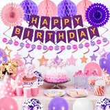 Purple Birthday Decorations Happy Birthday Banner Pink And Purple Balloons Stars Circle Garland Hanging Swirl Streamers Hanging Honeycomb Balls 69Pcs Party Decorations For Women Men