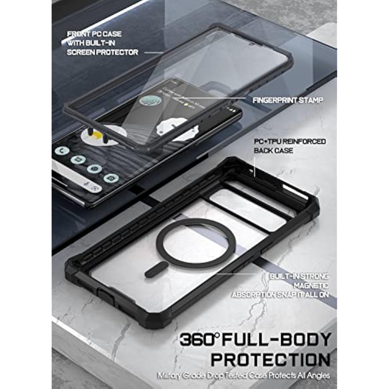 Guardian Magpro Case Compatible With Pixel 7 Pro,[Compatible With Magsafe], Built-In Screen Protector Work With Fingerprint Id, Full Body Hybrid Shockproof Protective Rugged Case, Black/Clear