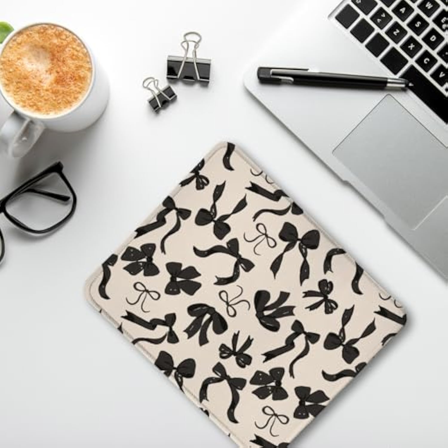Coquette Black Bow Mouse Pad, Cute Preppy Girly Bow Ribbon Mouse Pads For Wireless Mouse Computers Laptop Desk Accessories, Preppy Girly Office Supplies, 9.5X7.9 Inch