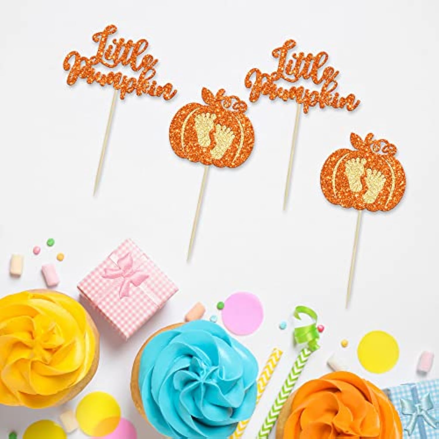 24Pc Little Pumpkin Cupcake Toppers - Glitter Pumpkin Cupcake Picks - Baby Shower Decorations - Fall Harvest Theme - Kids Birthday Party Supplies