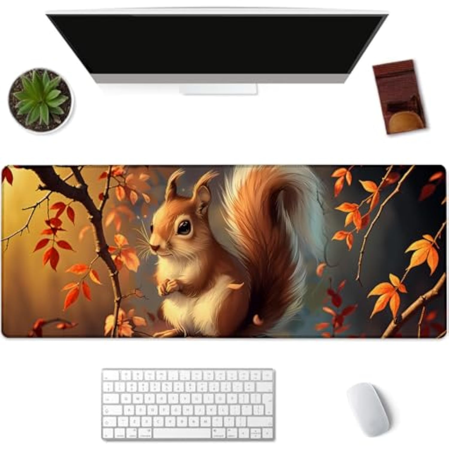 Cute Squirrel Gaming Mouse Pad, Autumn Leaf Mousepads For Gaming Home Office Work, Extended Mats Computer Keyboard Laptop, 31.5×11.8 Inch Large Desk Mat With Non-Slip Rubber Base