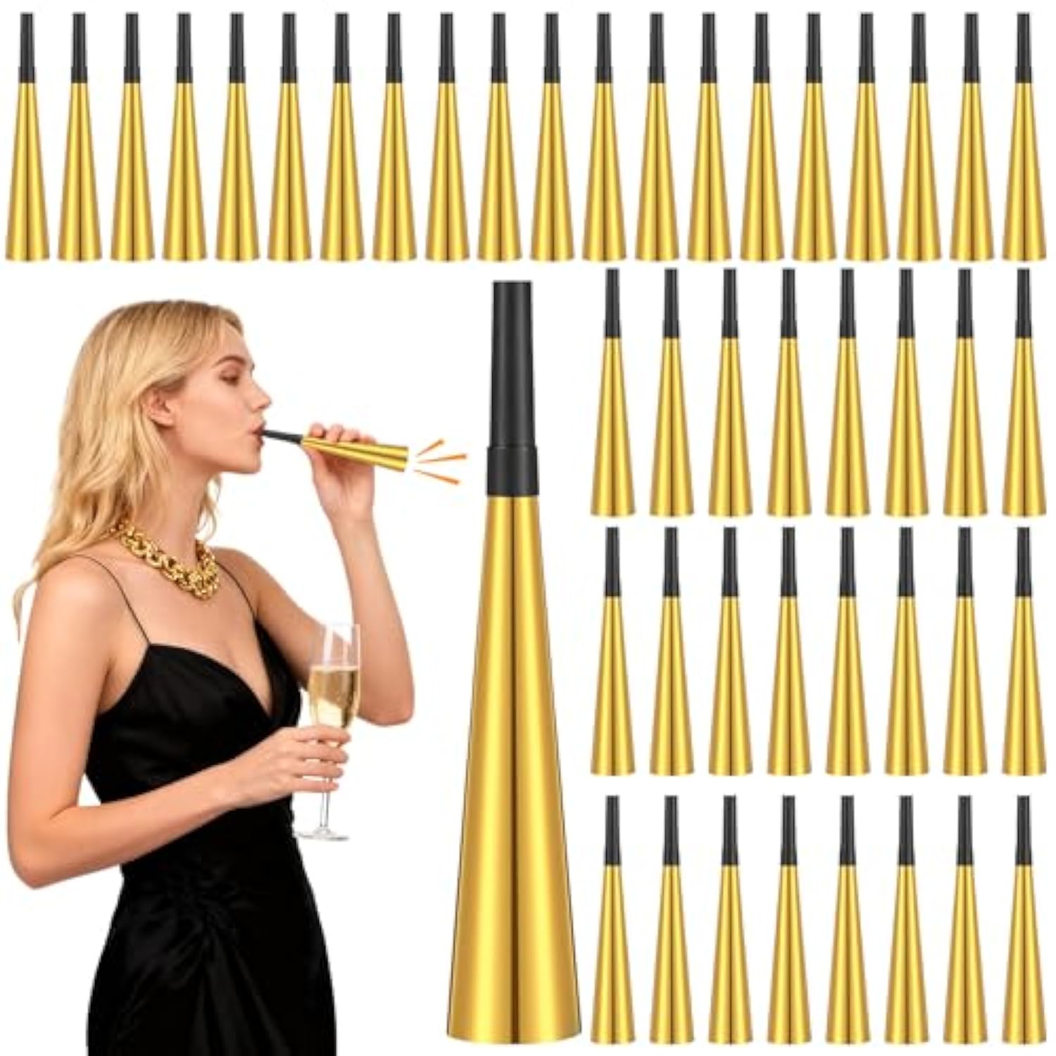 50pc Gold Metallic NYE Noise Makers: 2026 Glitter Party Blowers