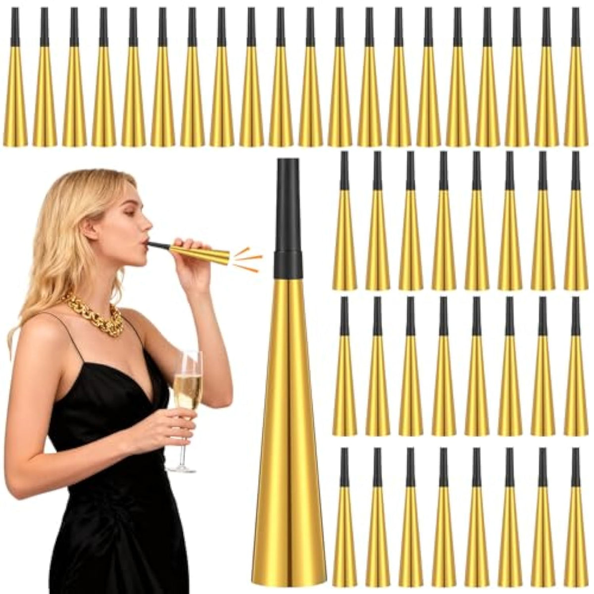 50pc Gold Metallic NYE Noise Makers: 2026 Glitter Party Blowers