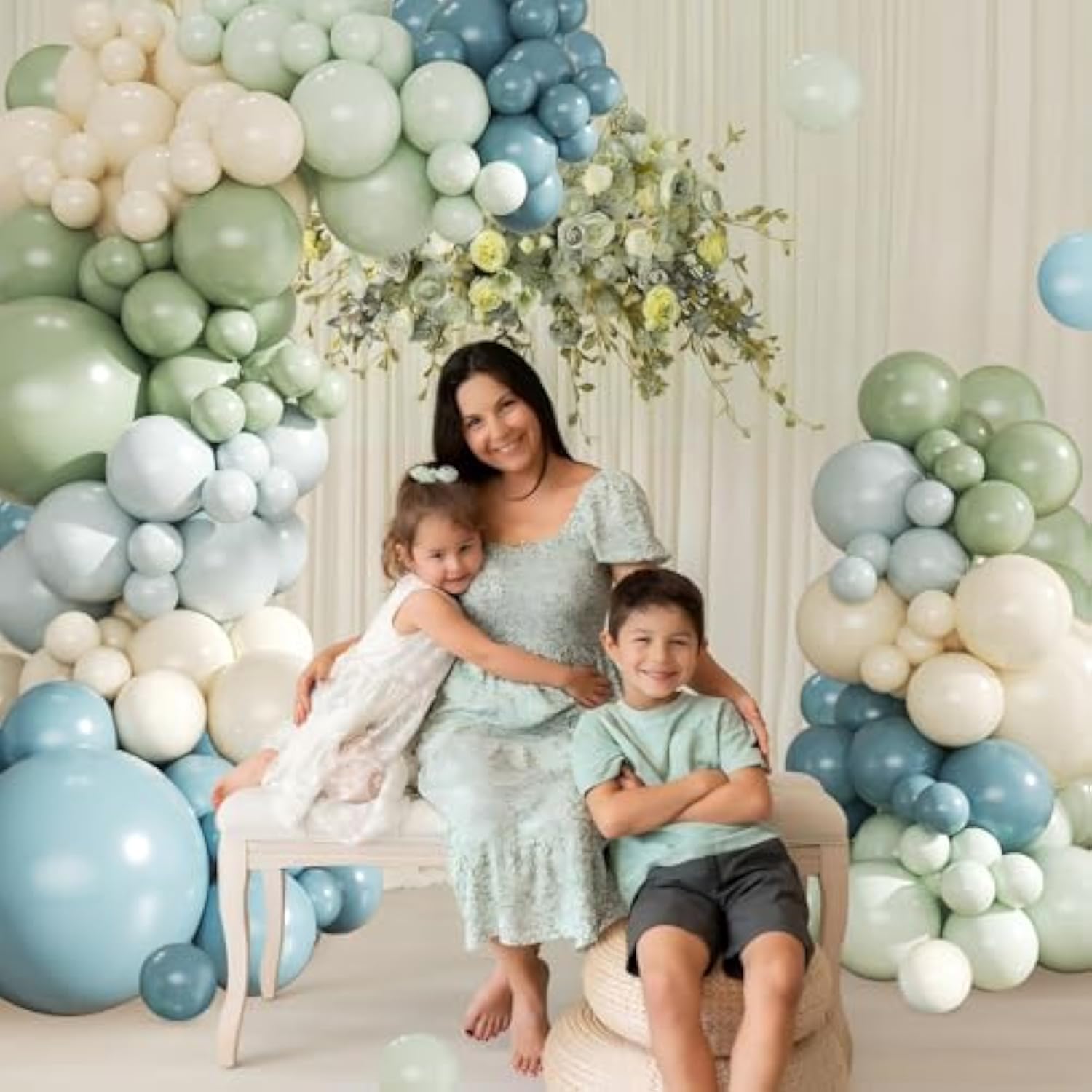 Dusty Blue Sage Green Balloon Arch Kit, 124Pcs Fog Blue Light Blue Green Sand White Balloons Different Size For Baby Shower Bridal Shower Anniversary Birthday Party Decorations