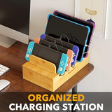 Bamboo Charging Station For Multiple Devices, Cell Phone Docking Stations For Multi Laptop, Tablets And Ipads, Nightstand Bedside Desk Device Charger Organizer (Natural)