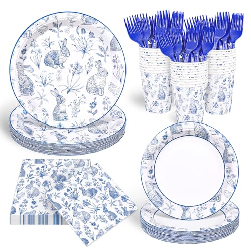 120Pcs Easter Tableware Set Serves 24 Blue White Retro Bunny Rabbit Chinoiserie Floral Paper Plates Napkins Cups Forks Disposable Dinnerware for Spring Bridal Baby Shower Wedding Party