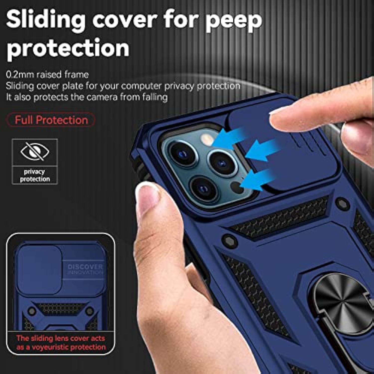 For Iphone 12 Pro Max Case With Camera Lens Cover Hd Screen Protector, Military Grade Drop Protection Magnetic Ring Holder Kickstand Protective Phone Case For Apple Iphone 12 Pro Max 6.7 Inch (Navy)