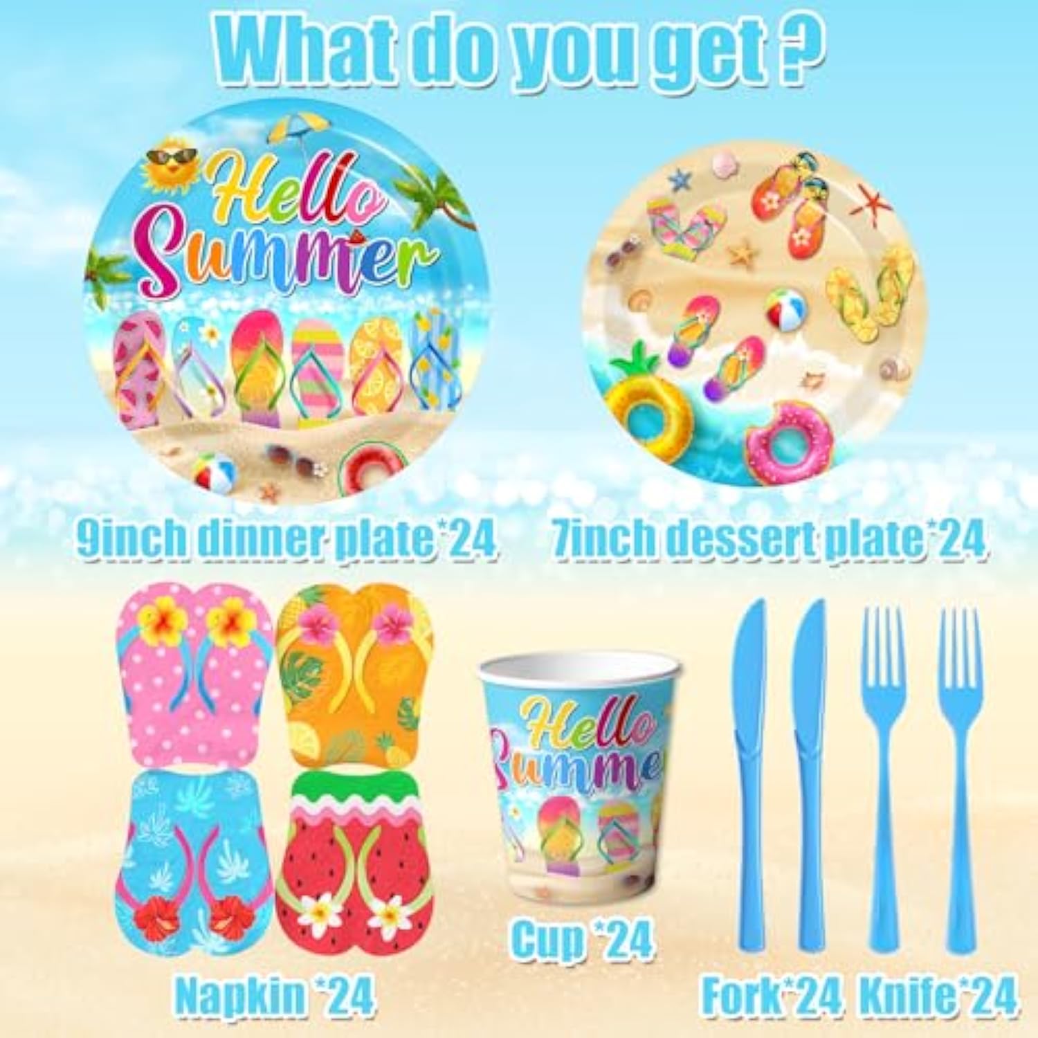 Beach Plates And Napkins Sets Beach Party Supplies, Flip-Flops Summer Plates And Napkins With Cups Forks And Knives Hawaiian Luau Tableware Tropical Party Supplies For Birthday Baby Shower, Serve 24