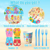 Beach Plates And Napkins Sets Beach Party Supplies, Flip-Flops Summer Plates And Napkins With Cups Forks And Knives Hawaiian Luau Tableware Tropical Party Supplies For Birthday Baby Shower, Serve 24