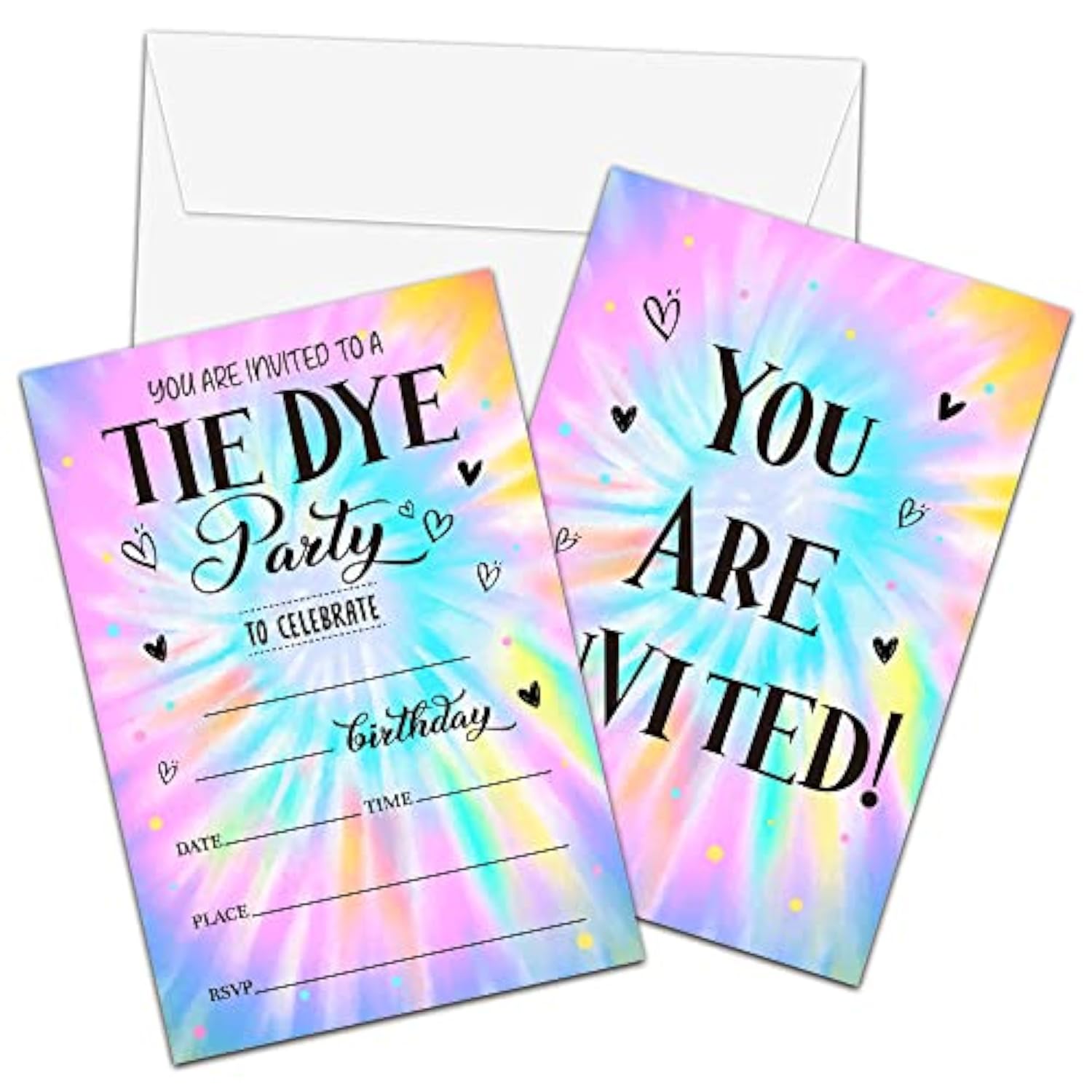 Tie Dye Birthday Invitations With Envelopes - Birthday Party Invitation Card For Girls/Boys - 5"X7" Fill-In Invites Cards - Rainbow Tie Dye Party Supplies Decorations (20 Pack)-25