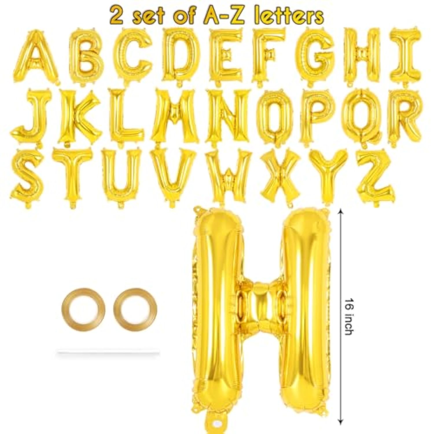 52 Pcs Gold Letter Balloons,16 Inch Foil Alphabet Letter Balloons,Letter A-Z Balloons Banner Custom Phrase Balloons For Birthday Party Wedding Anniversary Decoration (Gold 2 Set)