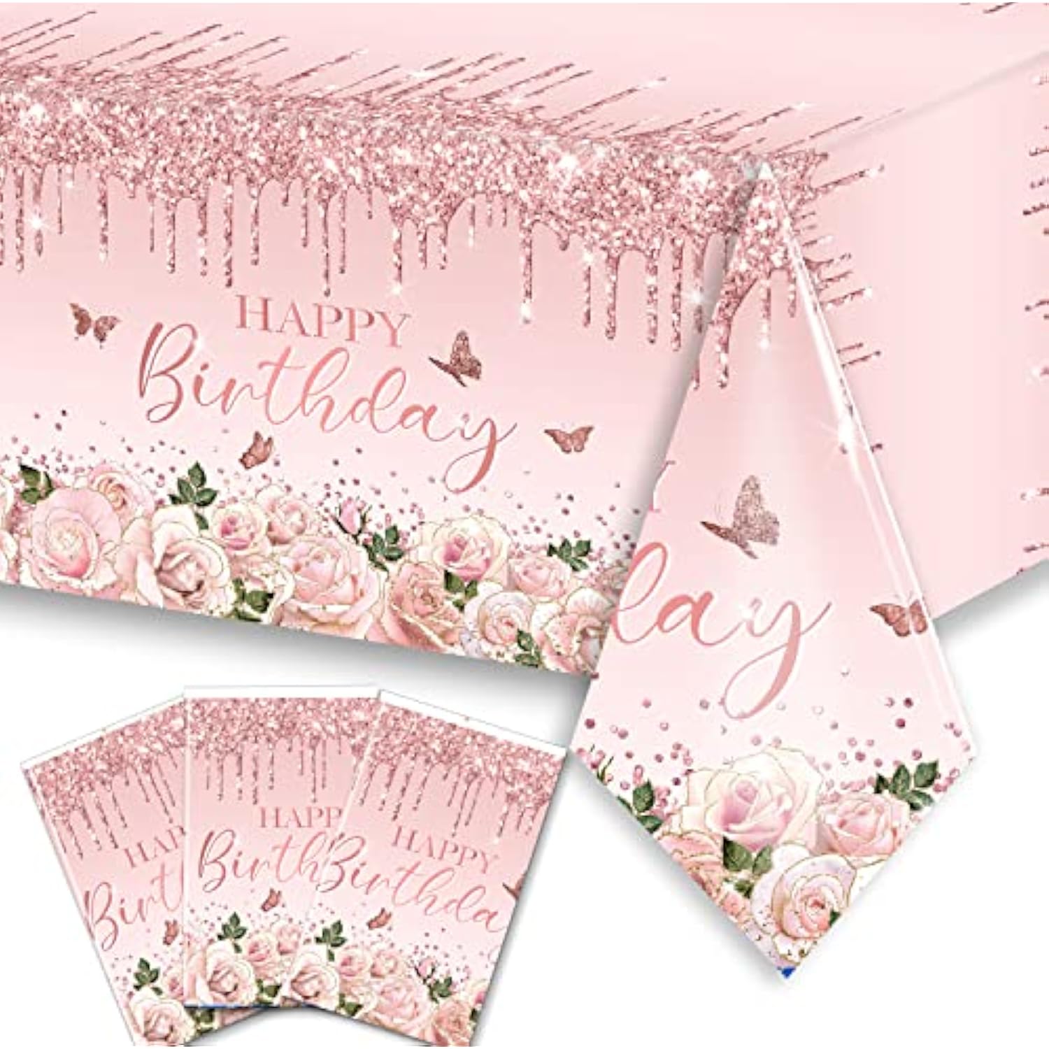 Pink Rose Gold Tablecloth Decoration - 3 Pcs Happy Birthday Tablecloth Disposable Plastic Sequin Tablecloth Girls Birthday Wedding Party Tablecloths For 50Th 60Th 70Th 80Th Men Or Women