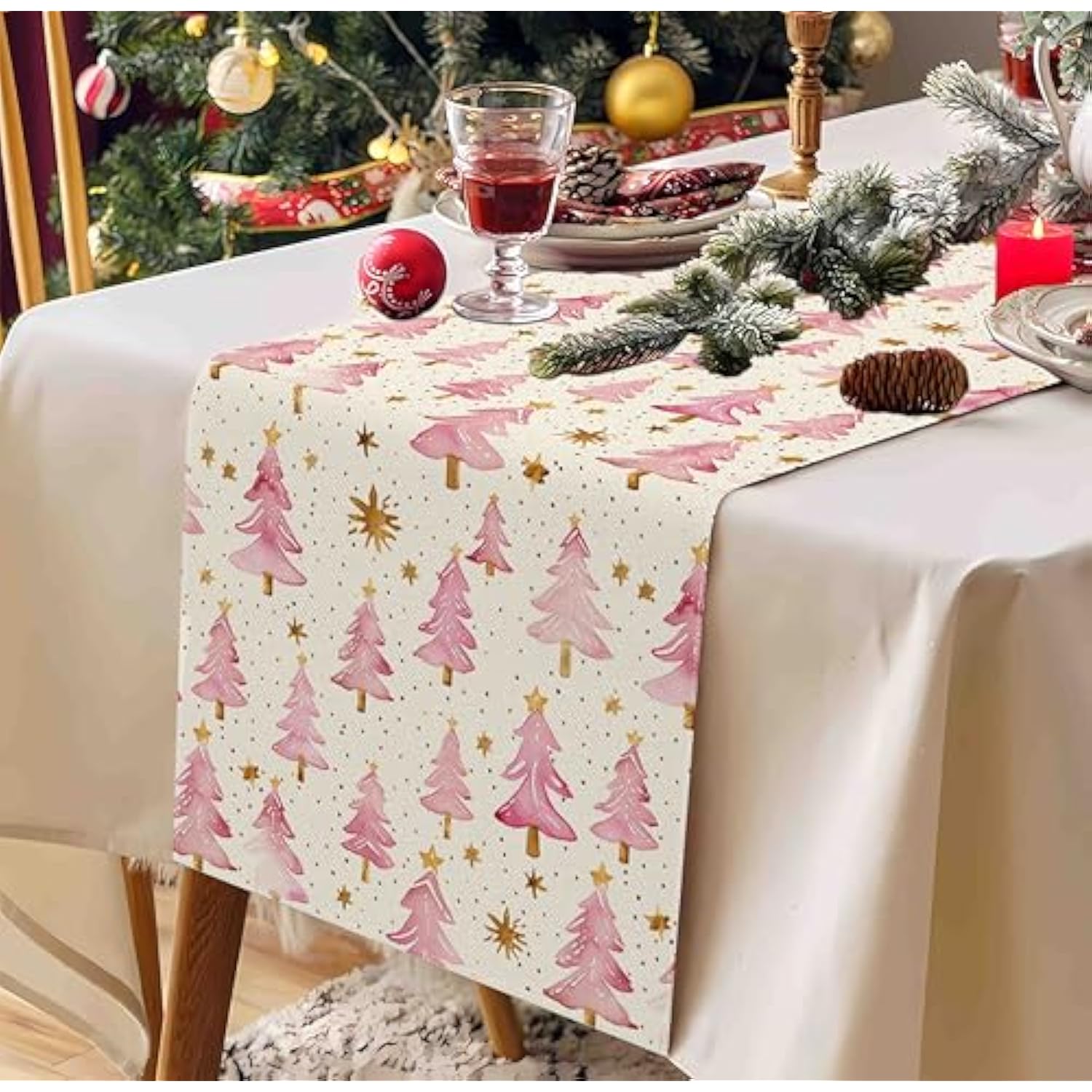 Christmas Table Runner 13X72 Inch, Pink Merry Christmas Trees Table Decors For Seasonal Winter Xmas Holiday Farmhouse Home Kitchen Dining Party