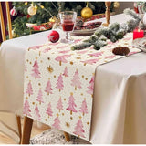 Christmas Table Runner 13X72 Inch, Pink Merry Christmas Trees Table Decors For Seasonal Winter Xmas Holiday Farmhouse Home Kitchen Dining Party