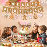 Brown Christmas Birthday Decorations,Cute Gingerbread Man Theme Merry Birthday Banner Gingerbread House Cake Topper Latex Balloons For Christmas Birthday Boys Girls
