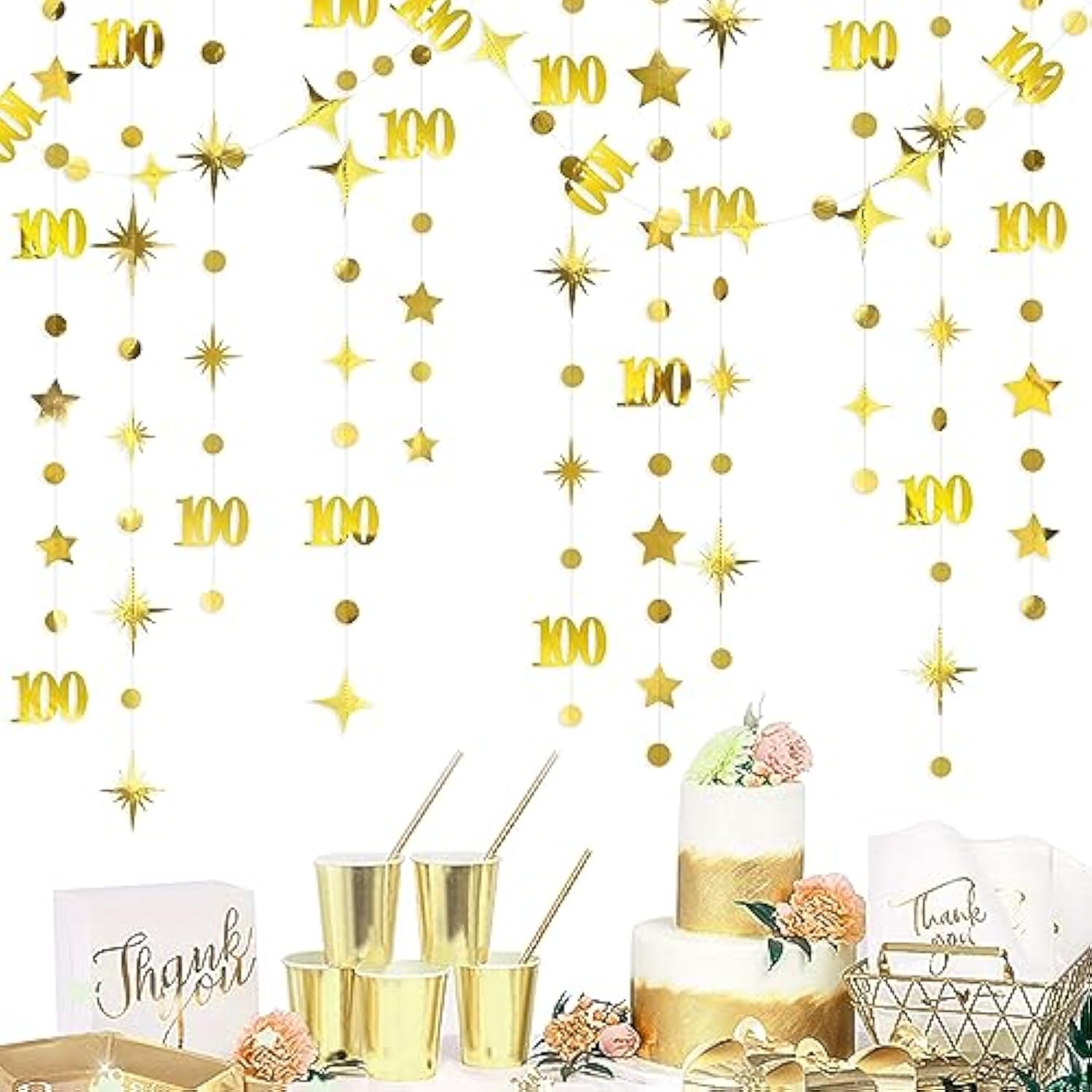 Gold 100Th Birthday Decorations Number 100 Circle Dot Twinkle Star Garland Hanging Streamer Bunting Banner Backdrop For Women Mens 100Th Anniversary Babys Happy 100 Days Birthday Party Decor Supplies