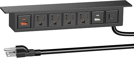 Under Desk Power Strip 8 in 1 4 Outlets 4 USB Ports 20W USB C 6FT Cord Black