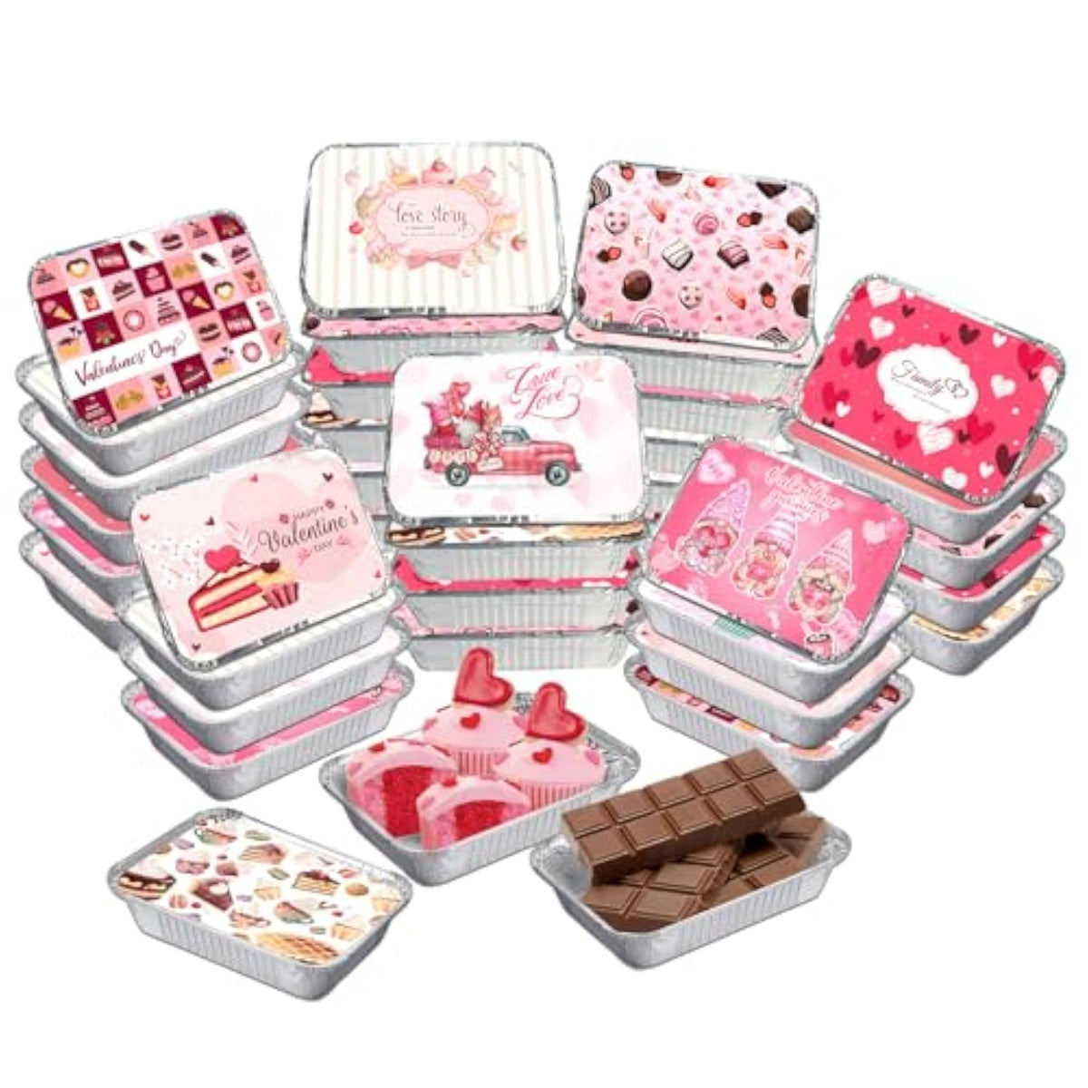 50Pcs Valentine Foil Containers With Lid, Valentine Leftover Containers Valentine'S Day Cookie Containers With Lids Aluminum Food Containers Storage For Baking, Valentine'S Day Treat Party, Cooking
