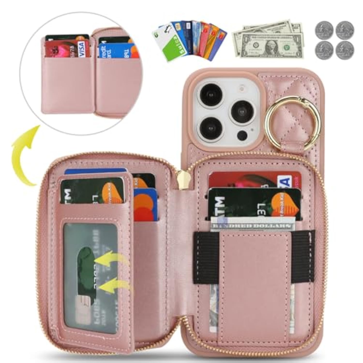 For Iphone 13 Pro Max Case Wallet With Card Holder,For Iphone 13 Pro Max Phone Case Wallet With Zipper With Slot Kickstand Stand Case For Women And Man 5G 6.7 Inch-Rose Gold