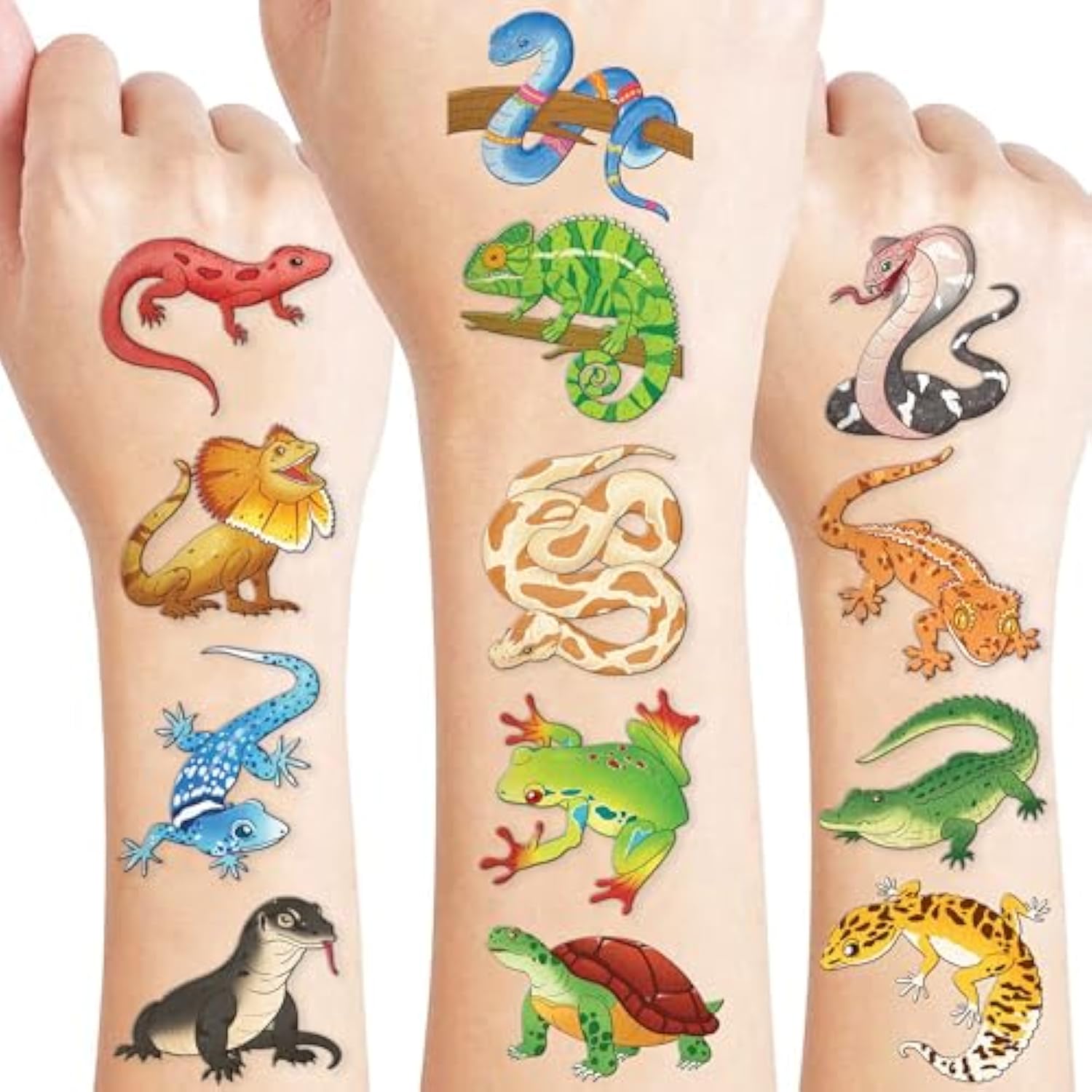 96 Pcs Reptile Animal Safari Jungle Lizard Pre-Cut Temporary Tattoos For Kids | Super Cute Themed Birthday Party Favors, Supplies, Decorations, Fake Tattoo Stickers (Multiple)