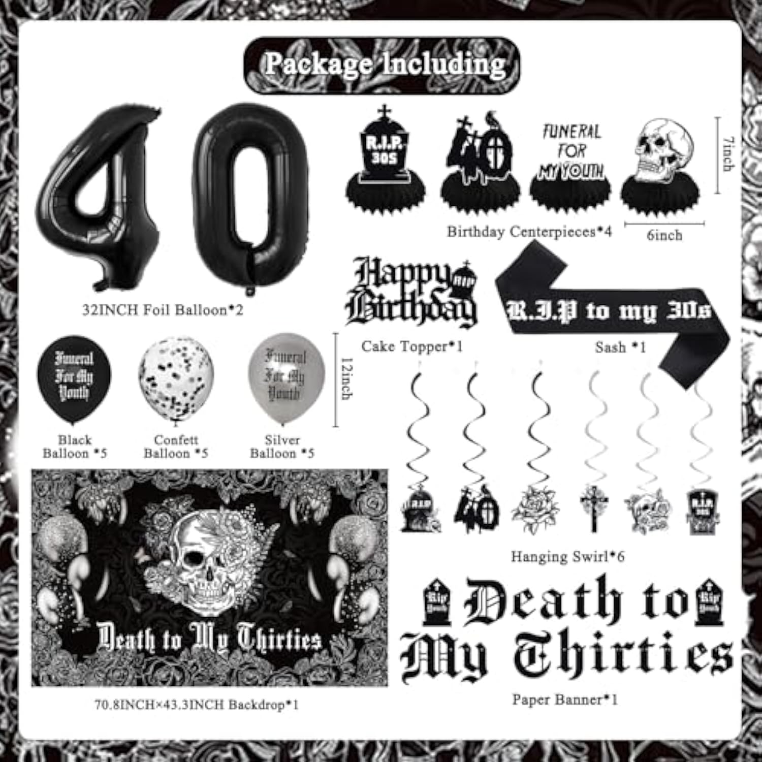 Death to My 30s Decor Backdrop Banner Swirls Sash Cake Topper Balloons for 40th Party