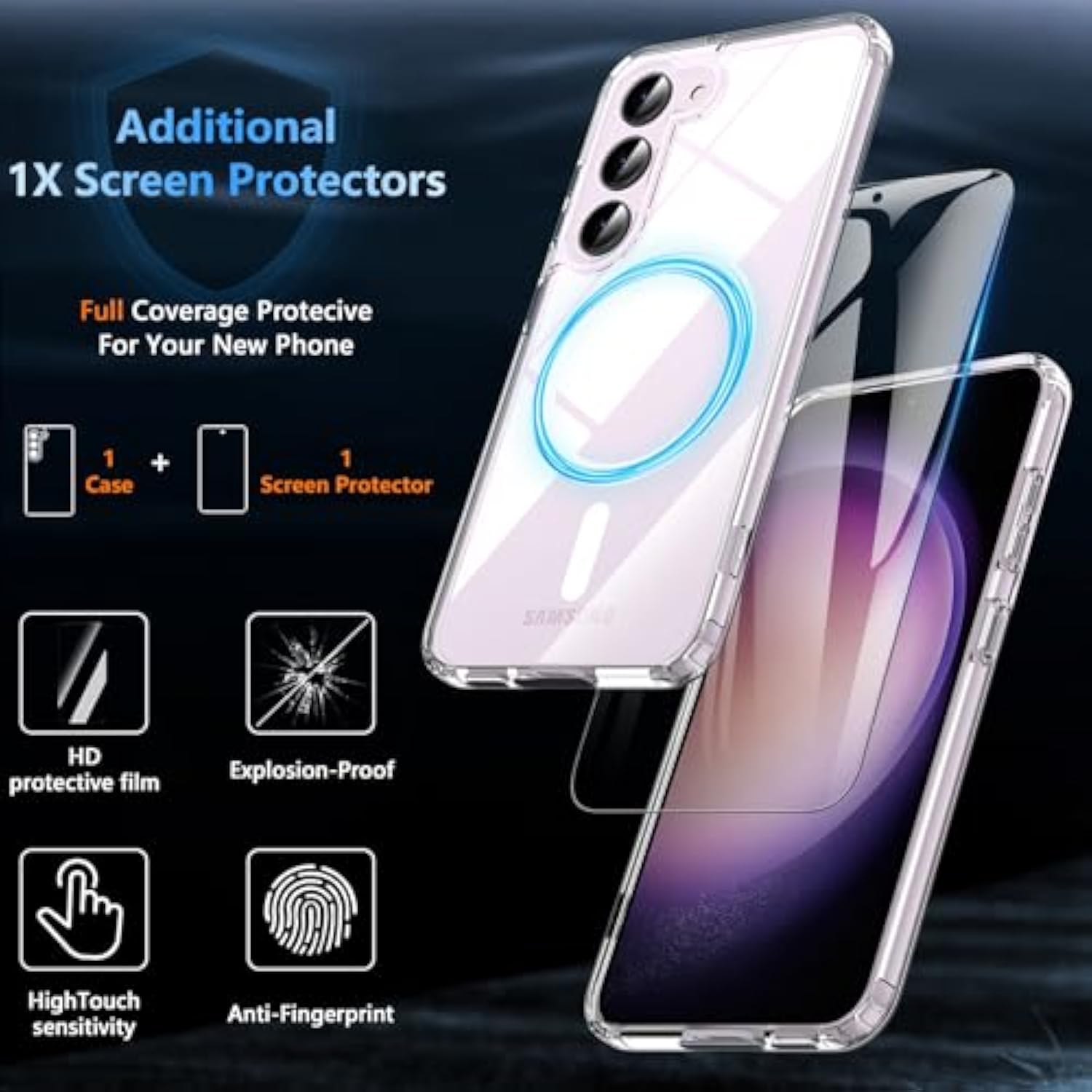 For Samsung Galaxy S23 Case With 200% Stronger Magnetic,S23 Phone Case With Screen Protector,Anti-Yellowing Military-Grade Protection Slim Galaxy S23 Case 5G-Anti-Scratch Shockproof Cover-Clear