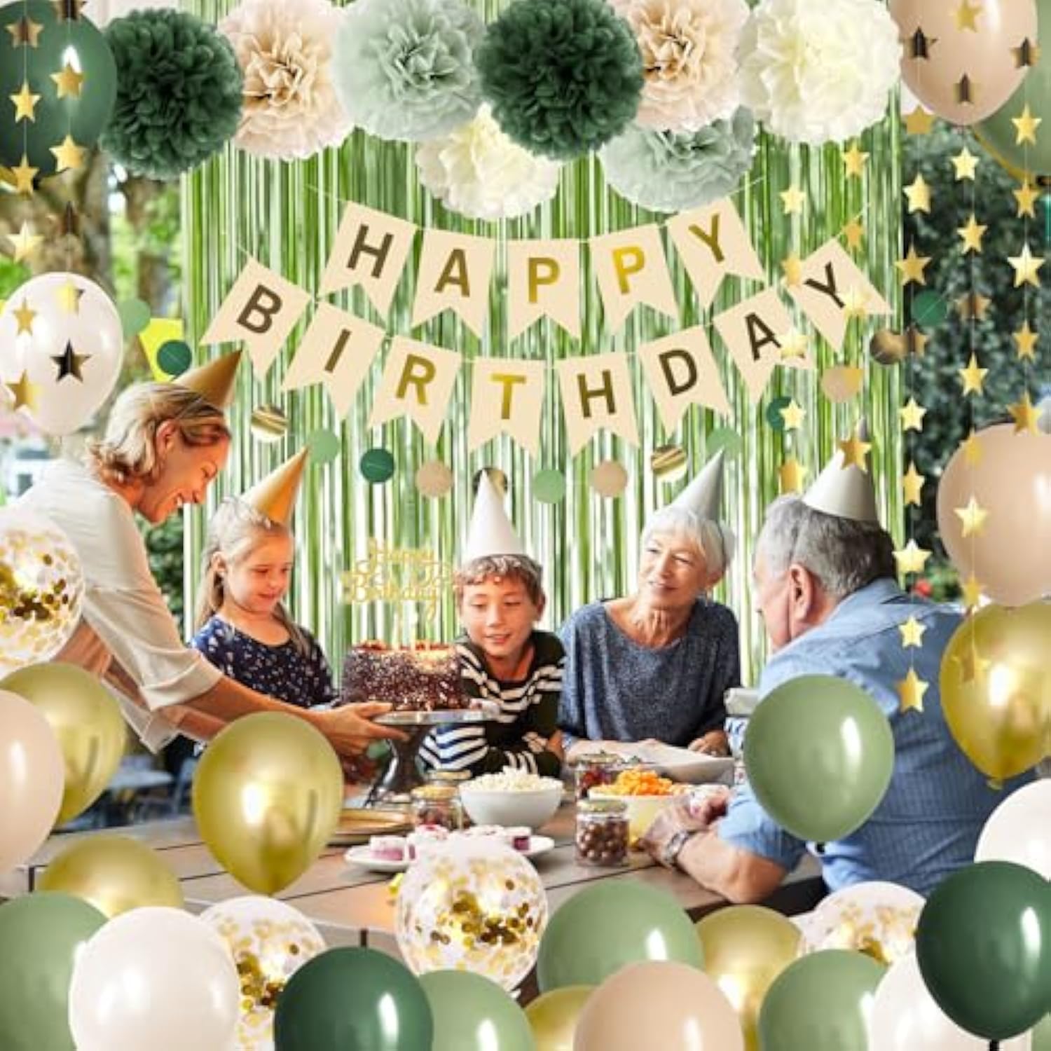 Sage Green Birthday Decorations Olive Green Happy Birthday Party Decorations Nude Retro Gold Balloon Banner Paper Pom Poms Greenery Neutral Rustic Décor Supplies Baby Girls Women