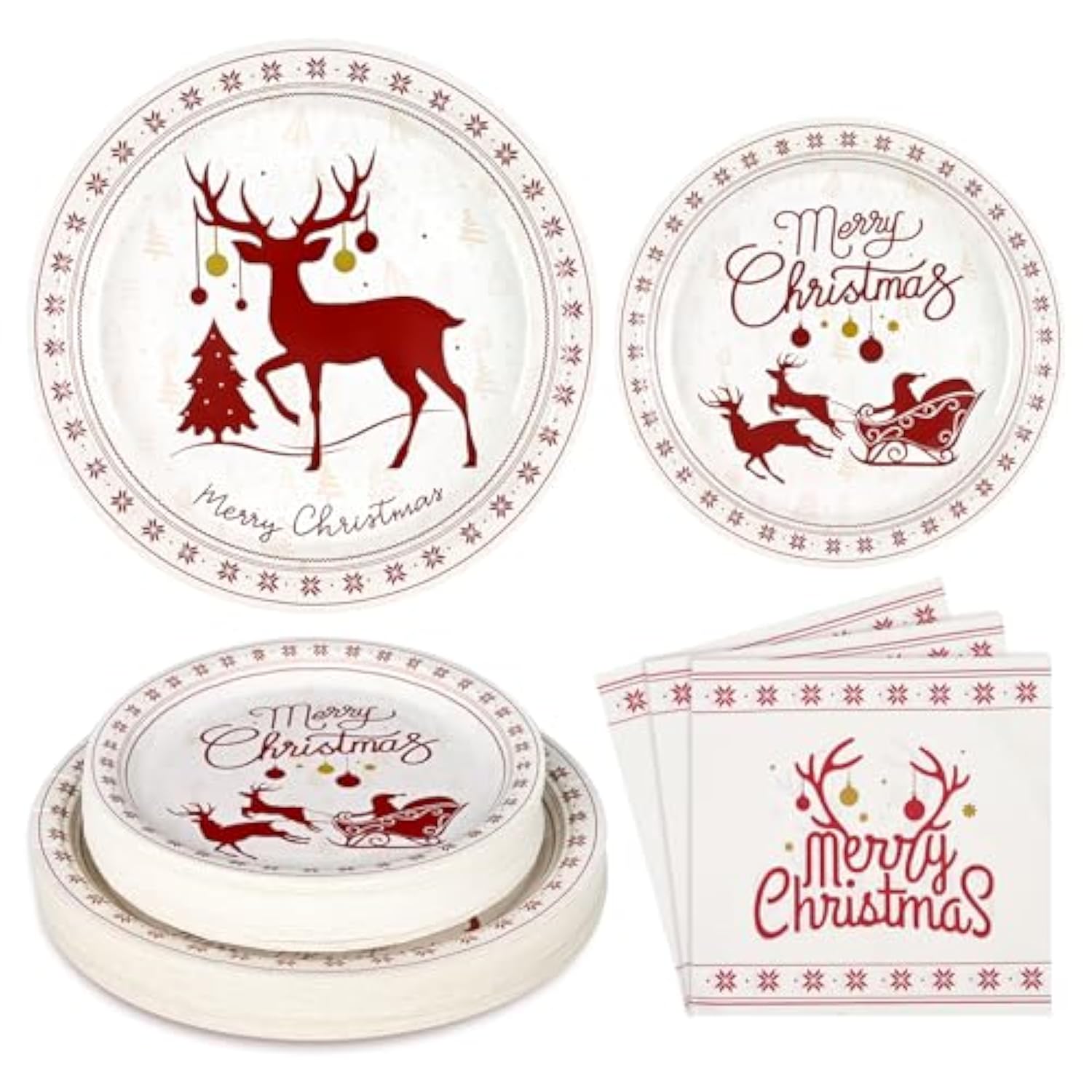 Merry Christmas Paper Plates And Napkins, Reindeer Christmas Party Supplies Holiday Paper Plates For Christmas Party Xmas Decor, Paper Dinnerware Set Serve 50 Guests, Modern Simple Design