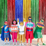 2-pack Super Bros blue/red/green/yellow foil fringe curtains for video-game parties