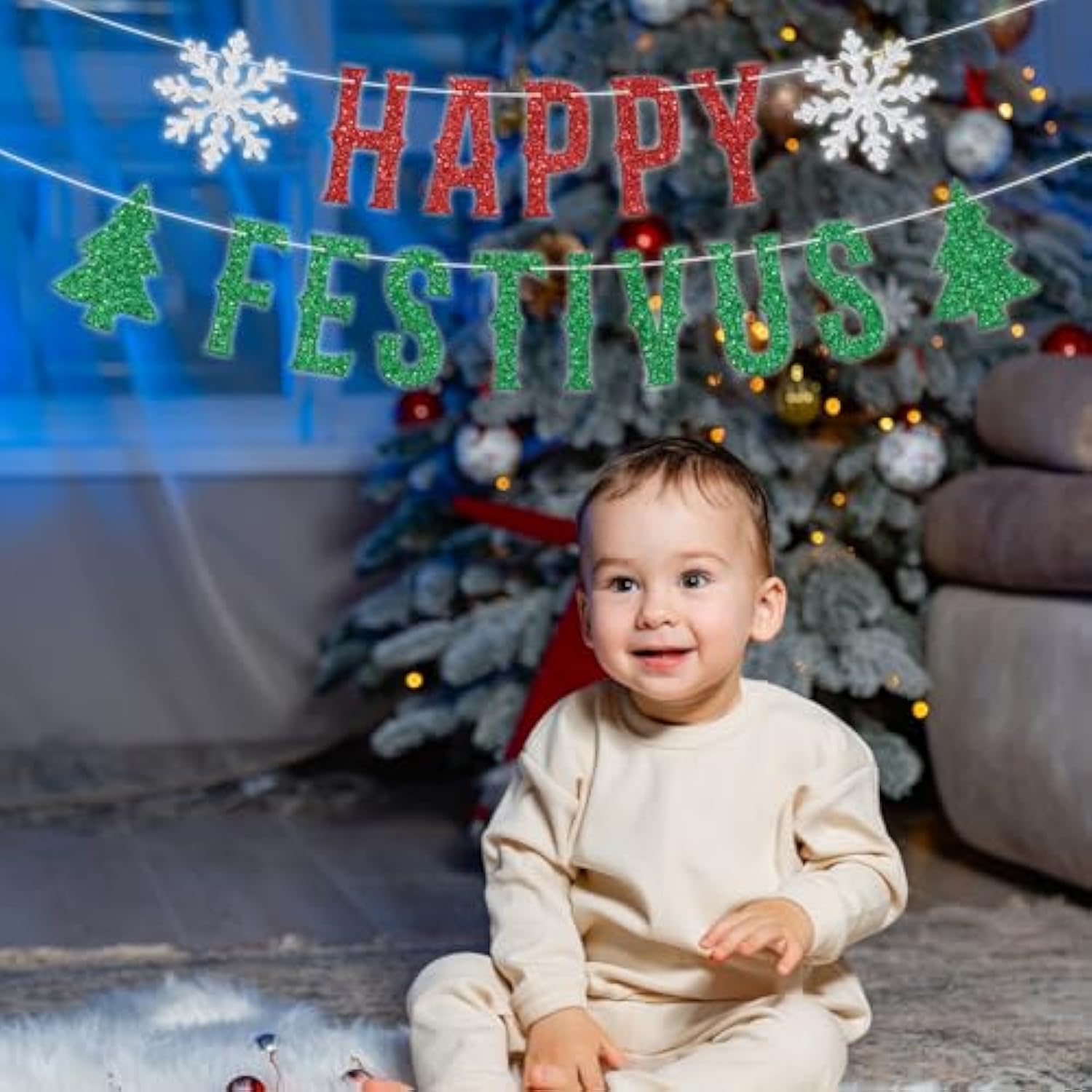 Happy Festivus Red Green Glitter Banner Winter Christmas New Year Party Decor