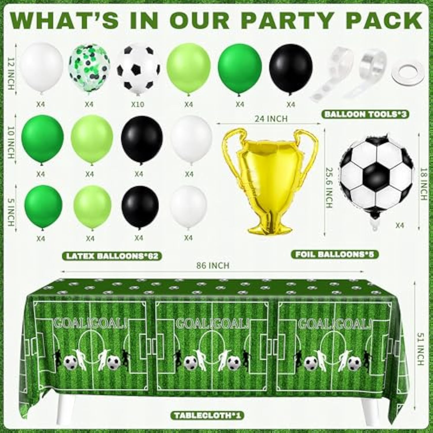 87Pcs Soccer Birthday Party Decorations - Tablecloth, Banner, Balloons & Cake Toppers