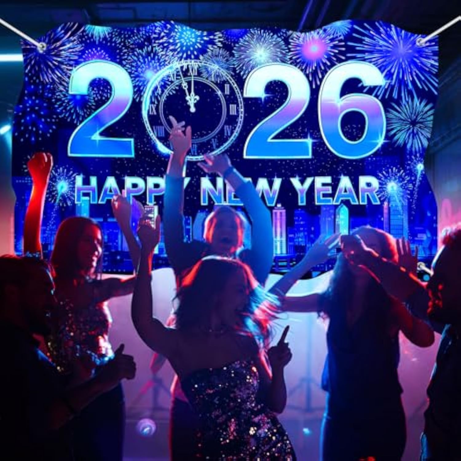 Neon Happy New Year 2026 Banner 71x43in for Indoor & Outdoor Party Decor