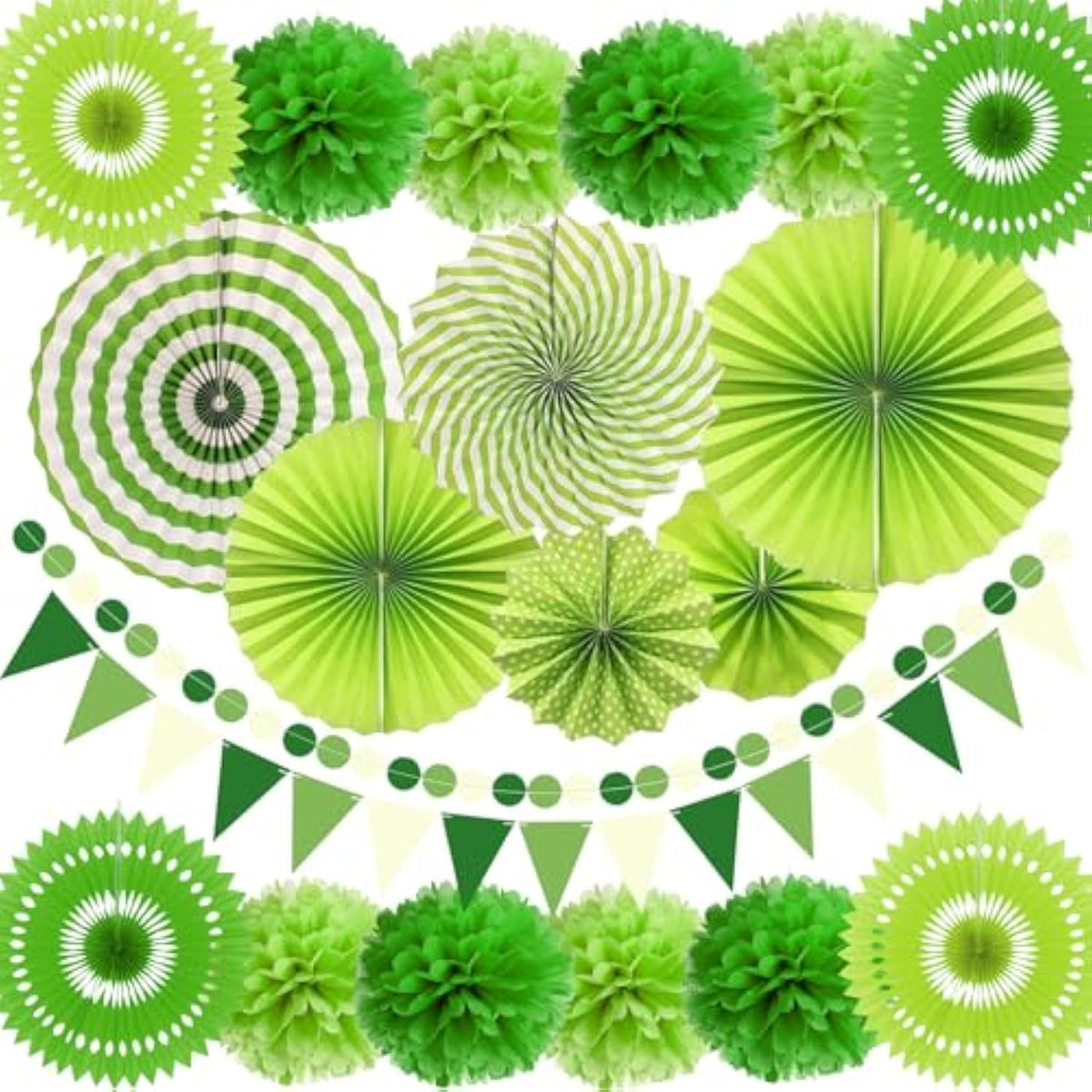Green Party Decorations With Hanging Paper Fan, Tissue Paper Pom Poms, Circle Dots Garland, Triangle Pennant For For Birthday Party Supplies (Green)