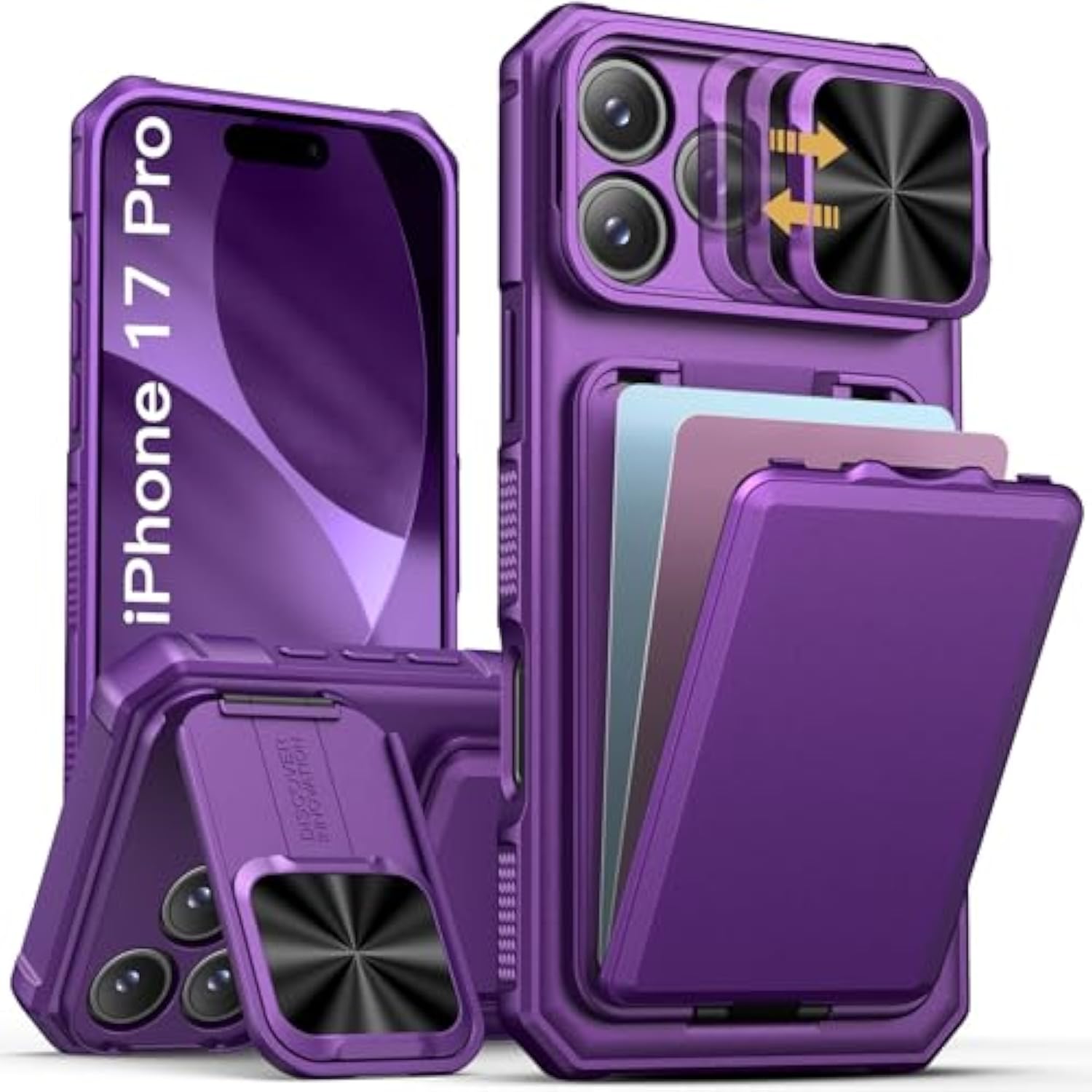 For Iphone 17 Pro Case With Card Holder & Sliding Camera Lens Cover & Hidden Kickstand & Camera Stand & Wallet, Silicone Edge Durable Protective Case Cover For Iphone 17 Pro 5G, Dark Purple
