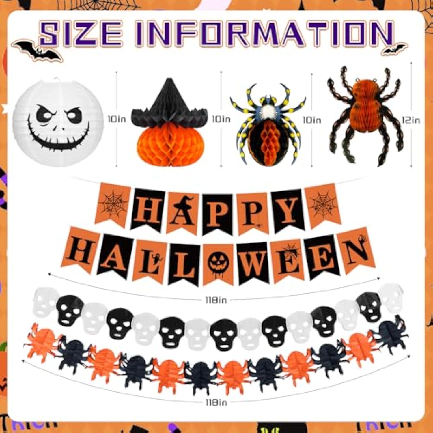 Halloween Office Decorations Kit 14PCS Pumpkin Lantern Bats Skull Spider Banner