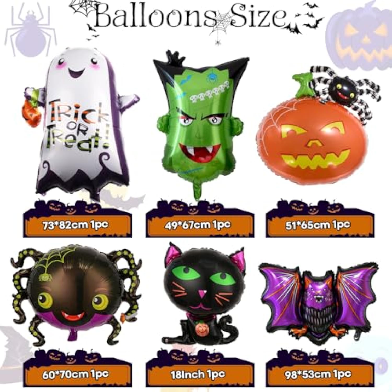 6 Pack Large Halloween Foil Balloons Set Ghost Cat Spider Pumpkin Bat Monster Decor