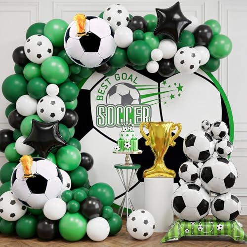 Soccer Balloon Garland Arch Kit,Soccer Party Decorations with Black and White Football Print Balloons Foil Football Exploding Star Balloon for Boys Soccer Sports Theme Birthday Party
