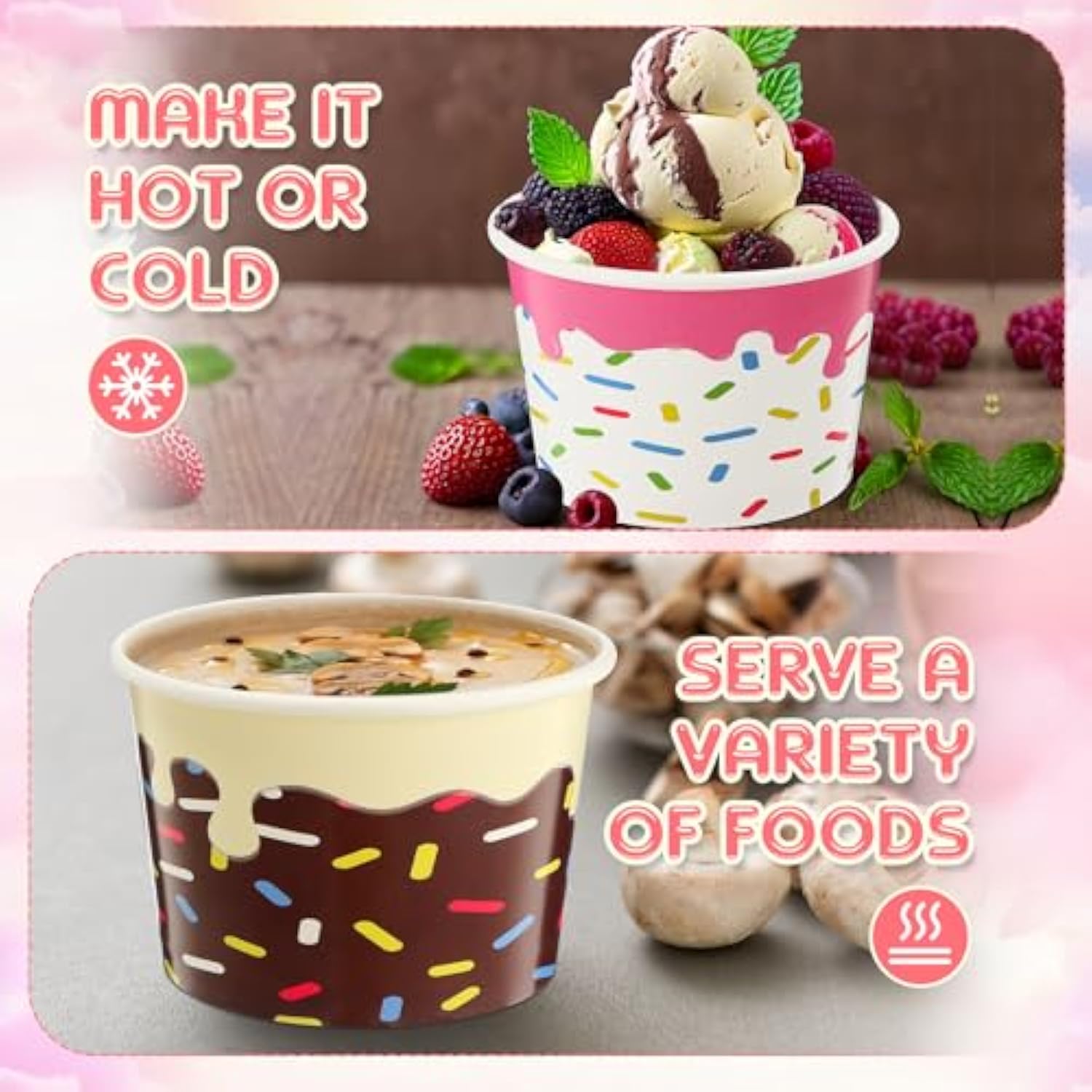 120 Pcs 9Oz Ice Cream Bowls Bulk Dessert Ice Cream Cups Paper Treats Sundae Cups Disposable Birthday Party Decorations For Hot Cold Food Soup Yogurt Cupcakes Supplies(Cute Style)