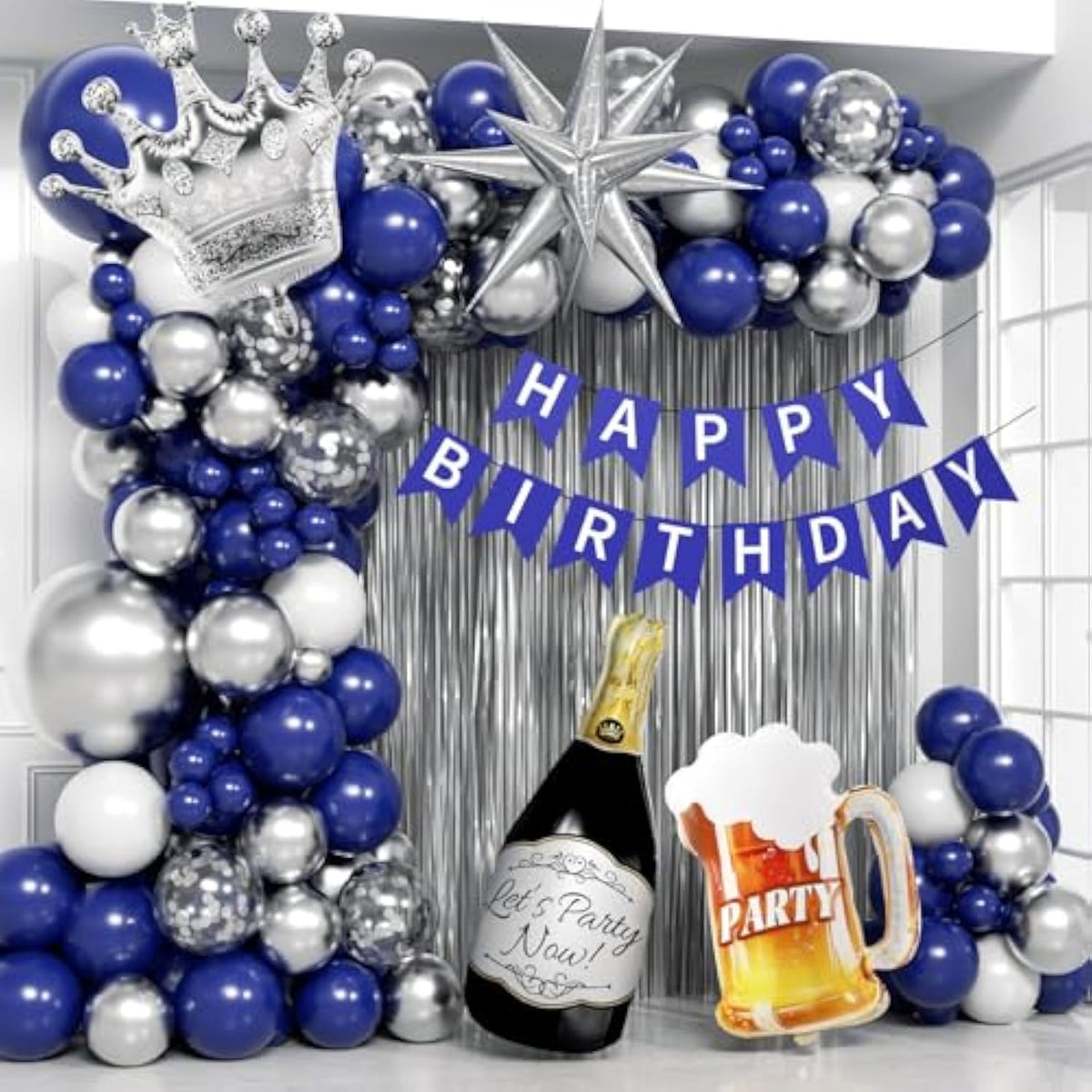 Blue And Silver Birthday Party Decorations, Blue Silver White Foil Balloons Happy Birthday Banner Fringe Curtains For 16Th 18Th 21St 24Th 32Th 40Th 50Th 60Th Birthday Decorations For Men