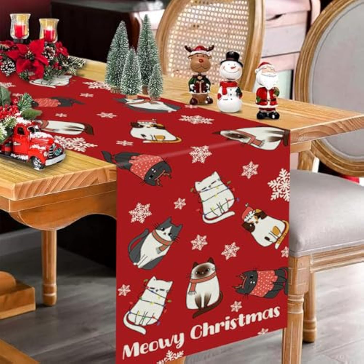 Cat Christmas Table Runner Meowy Christmas Snowflake Red Table Decoration For Winter Xmas Holiday Kitchen Dining Home Party 13X72 Inch