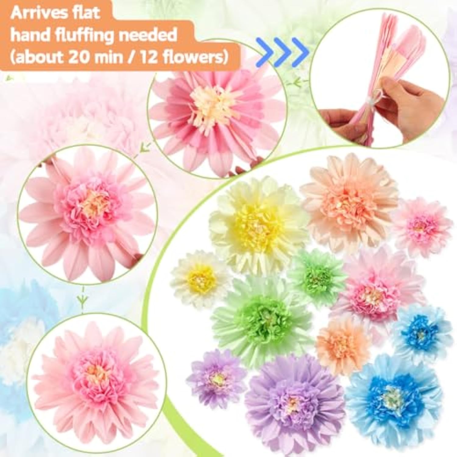 Pastel Paper Flowers, 12 Pcs Paper Flowers Decorations For Pastel Party Decor, 6 Inch, 12 Inch Crepe Paper Flower For Wedding, Party, Baby, Bridal Shower, Nursery Wall Decor, Bulletin Board