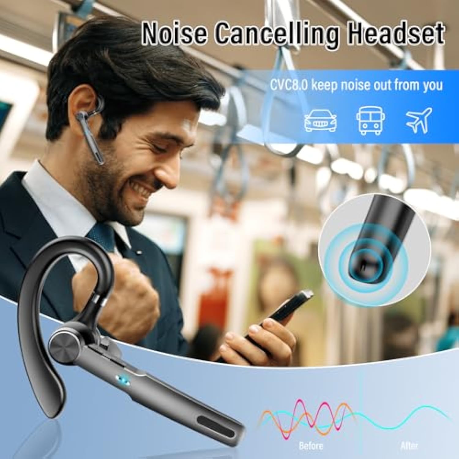 Bluetooth Headset, Wireless Headset With Enc Mic, 60H Talking Time Single-Ear Bluetooth Earpiece V5.3 With 400Mah Charging Case, Ip7 Waterproof Hand-Free Headphones For Ios Android Cell Phones Black